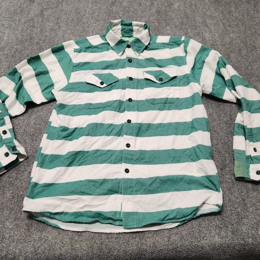 Dixxon Flannel Shirt Mens Medium Green White Striped Button Front Long Sleeve